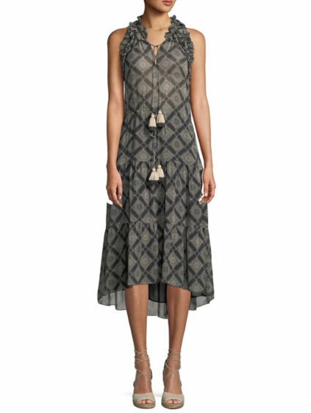 FIGUE Gabriella Geometric Floral Ruffle Silk Midi Dress WOMENS XS